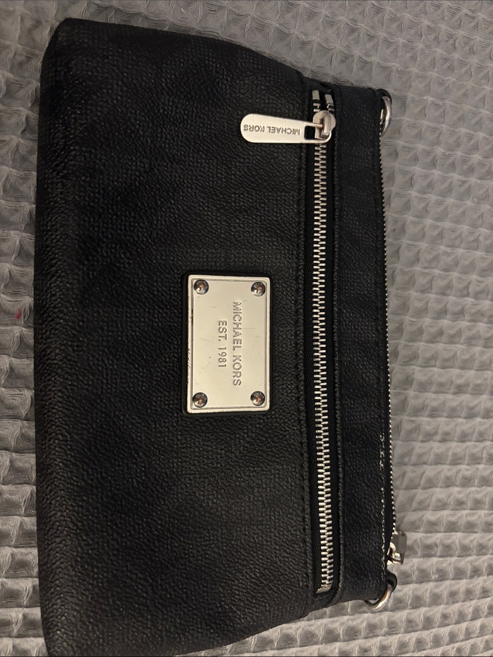 Michael Kors Black Leather Toiletry Pouch with Silver Hardware